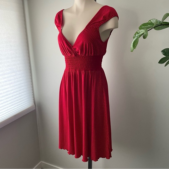 Blush Rockabilly Polka Dot Midi Dress Smocked Waist Red White Size Small - Picture 5 of 9